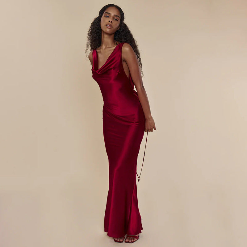 Abito lungo da sera da donna in pizzo con allacciatura, stile banchetto