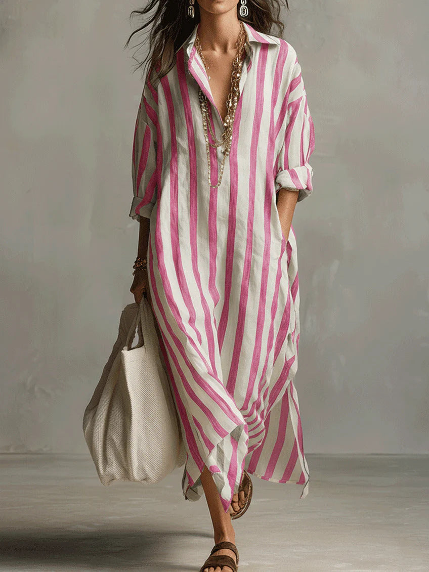 Loose V-neck Long Striped Shirt Dress