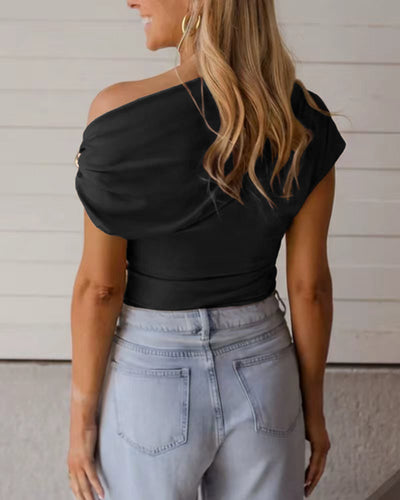Ribbed Solid Color Metallic Decoration Short-Sleeve T-Shirt