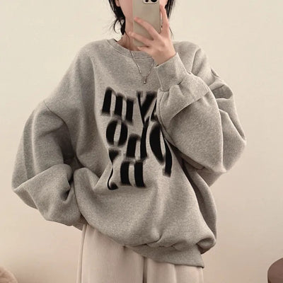 Printed Design Contrast Color Loose Casual Long Sleeves Pullover Sweater