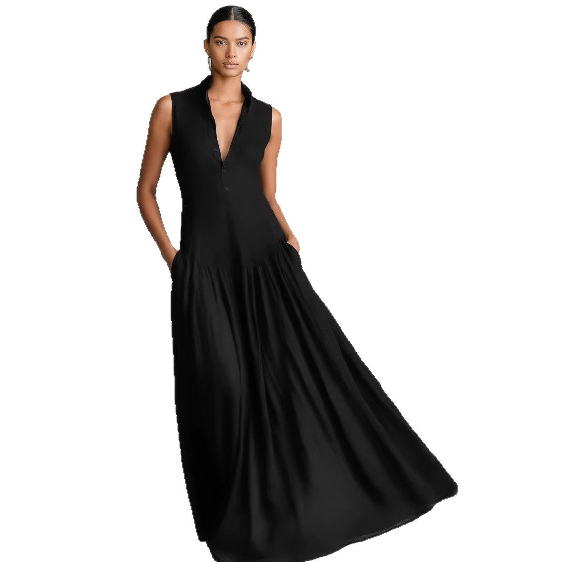 Slim-fit V-neck Long Sleeveless Dress