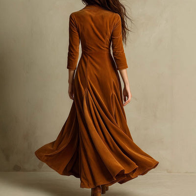 Solid Color Buttons Lapel 34 Sleeve Maxi Dress Waist Expansion Skirt