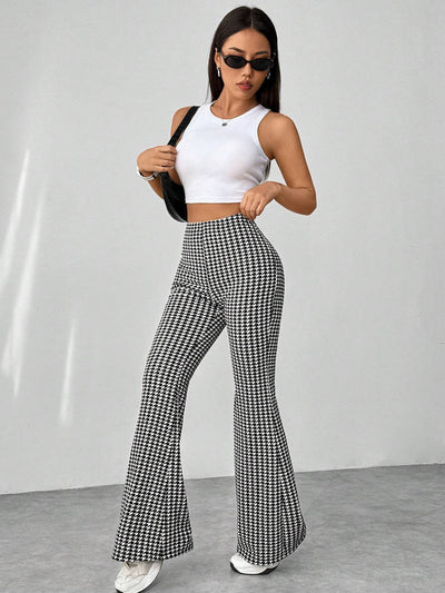 Fashion Retro Houndstooth High Waist Slim Fit Floor-length Casual Flared Pants