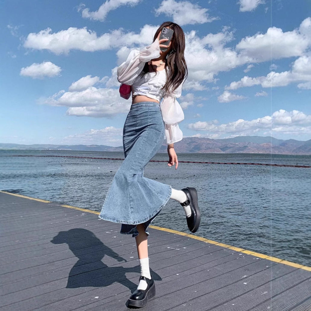 Short High-waisted Slit Mermaid Denim Skirt