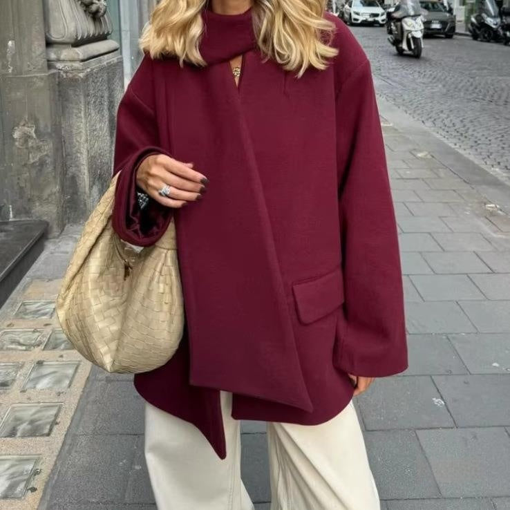 Cappotto di lana con sciarpa a maniche lunghe, casual e retrò, da donna