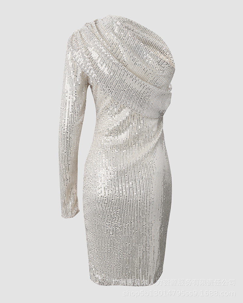 Abito Elegante Monospalla Argento con Paillettes
