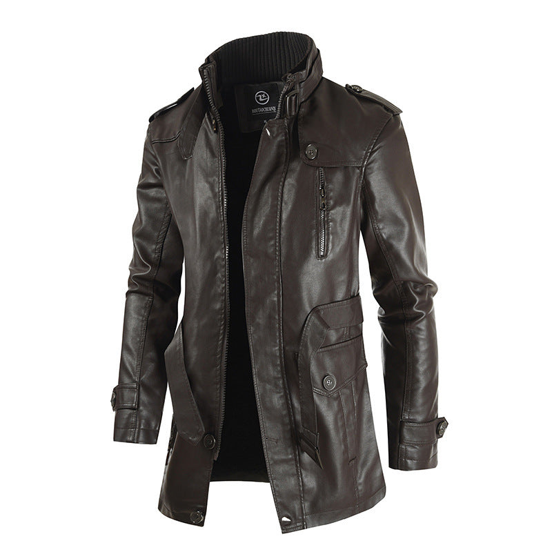 Men's Stand-up Collar And Velvet Mid-length Leather Jacket
