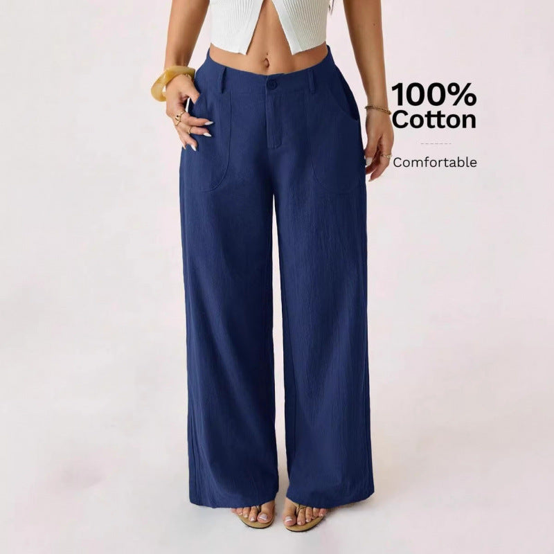 Nuovi pantaloni ampi da donna in misto cotone-lino a vita media, casual, per il pendolarismo