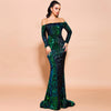 Vestito da sera sexy lungo con paillettes a maniche lunghe senza spalline