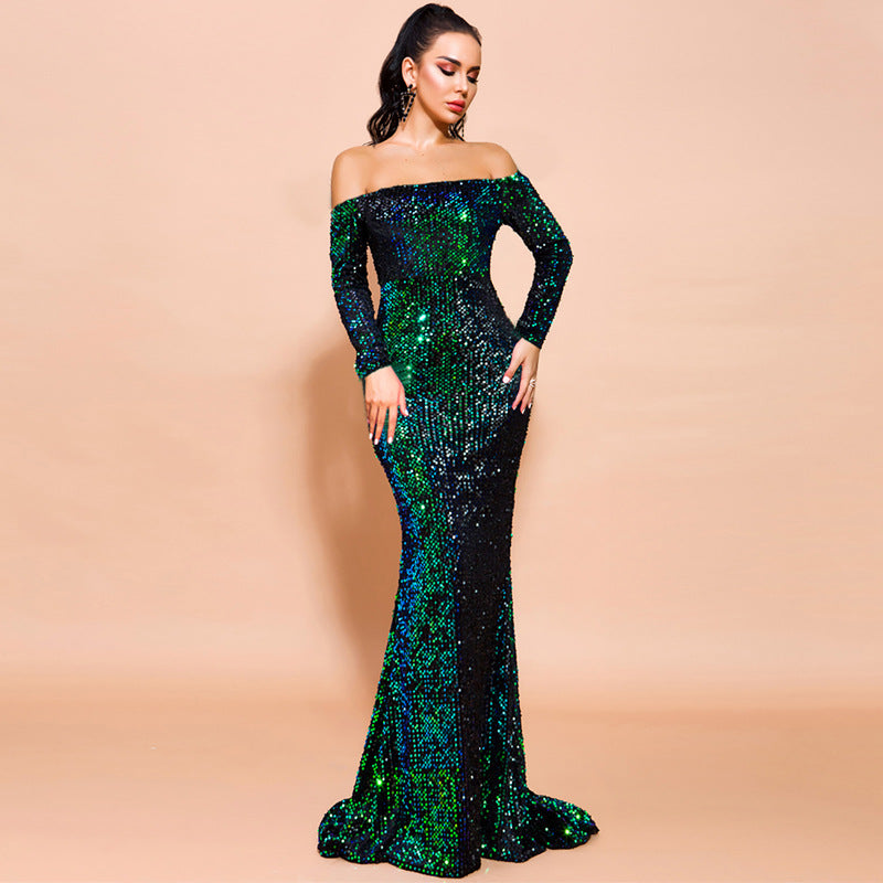 Vestito da sera sexy lungo con paillettes a maniche lunghe senza spalline