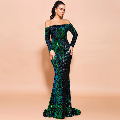 Vestito da sera sexy lungo con paillettes a maniche lunghe senza spalline