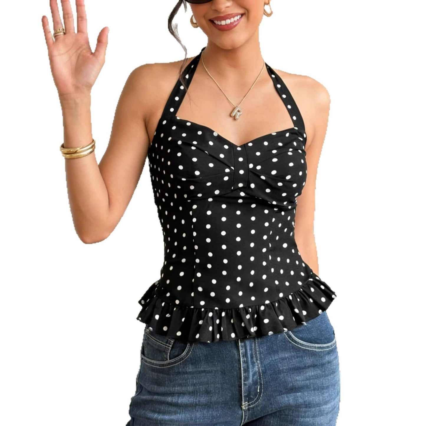 Top da donna a pois senza schienale con scollo all'americana