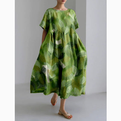 Womens 3D-printed Plus-size Loose-fit Short-sleeve Dress