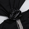 Vestito Lungo Nero Senza Schienale con Maniche Lunghe, Decorazione a Nappe e Fiori Vuoti