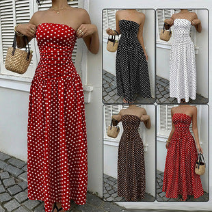 Off-the-shoulder Polka-dot A-line Waist-cinched Figure-flattering Dress