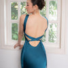 Abito da sposa blu lago senza schienale con spalline sottili