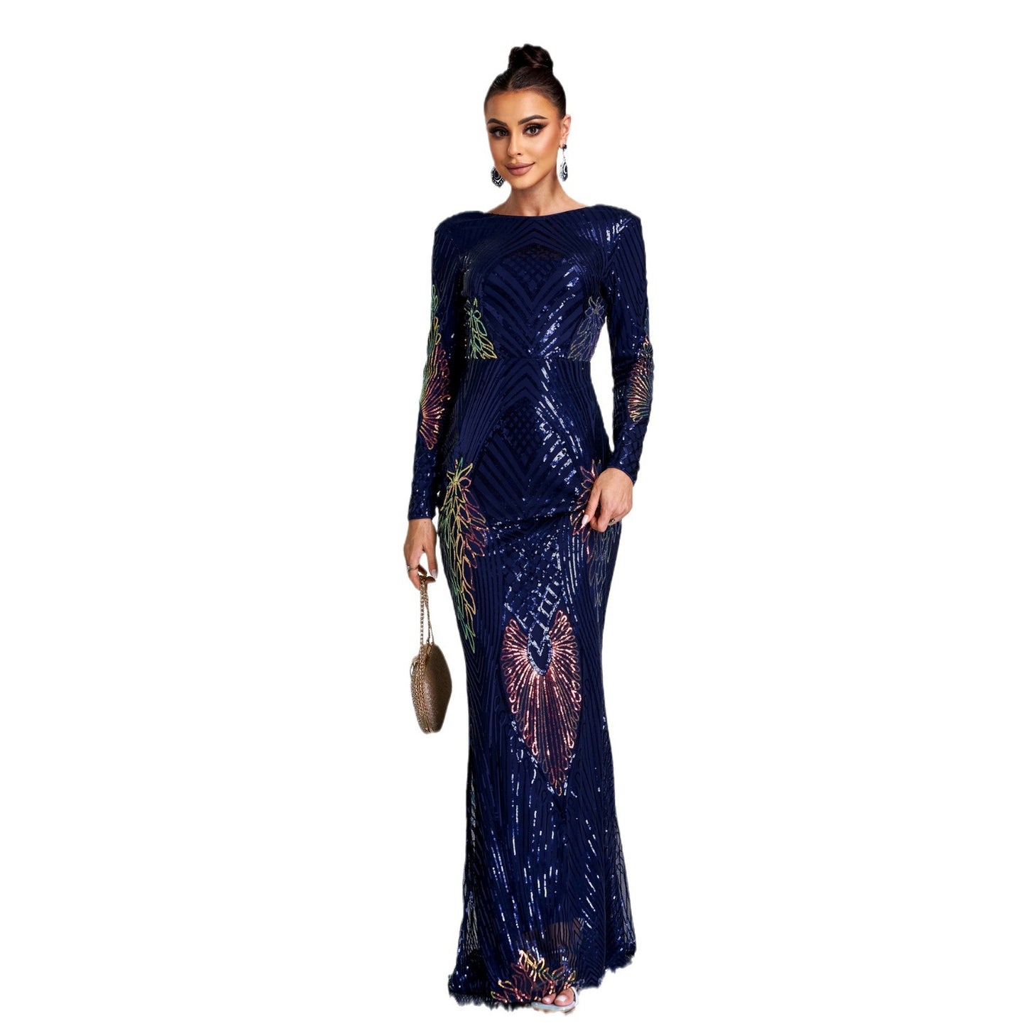 Abito da sera lungo da banchetto con paillettes, manica lunga, scollo a giro, elegante e sexy