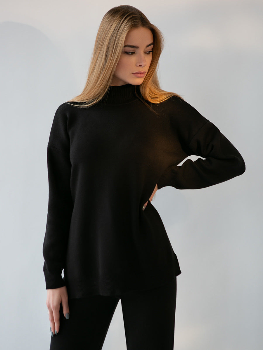 Women's Turtleneck Soft Fashion Casual Slit Sweater Suit