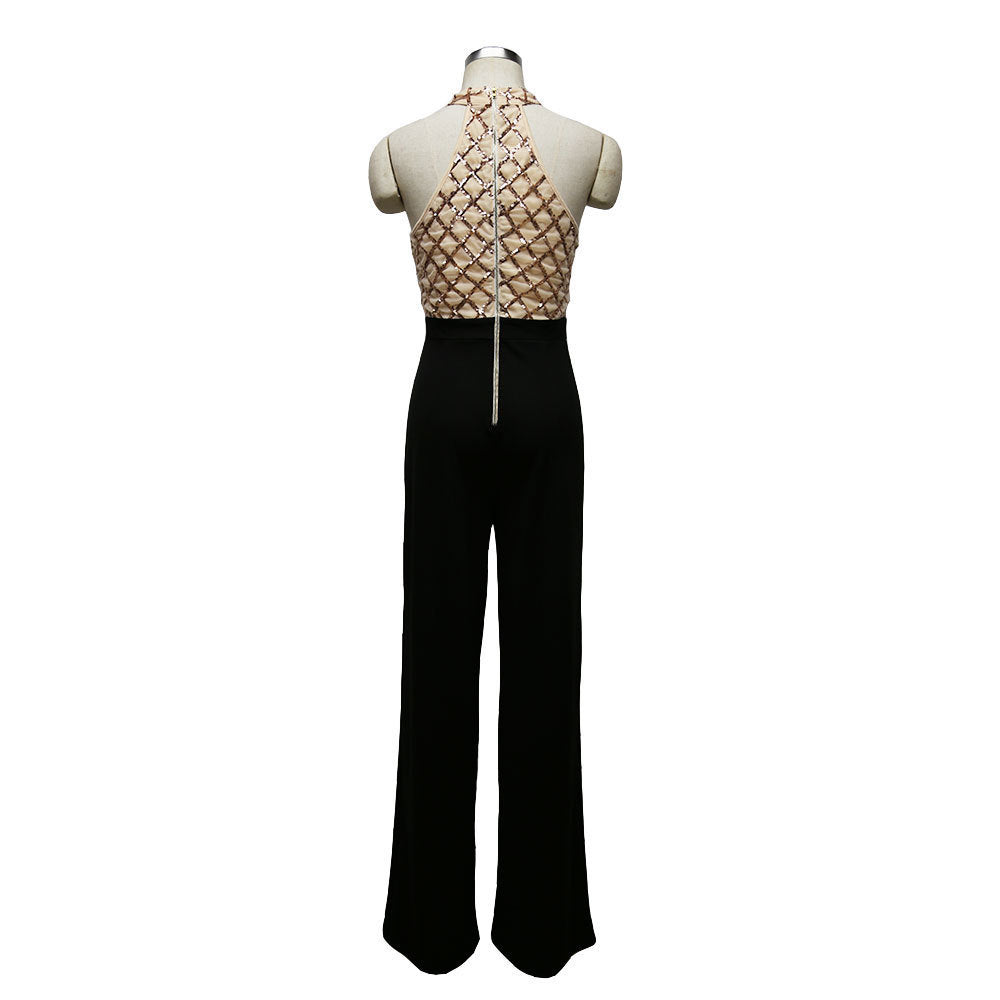 Tuta intera sexy da donna europea e americana con paillettes e cuciture a trombetta con scollo all'americana