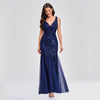 Vestito lungo sexy senza maniche con scollo a V ricamato con paillettes slim a sirena