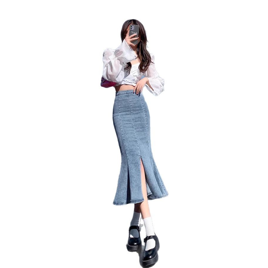 Short High-waisted Slit Mermaid Denim Skirt