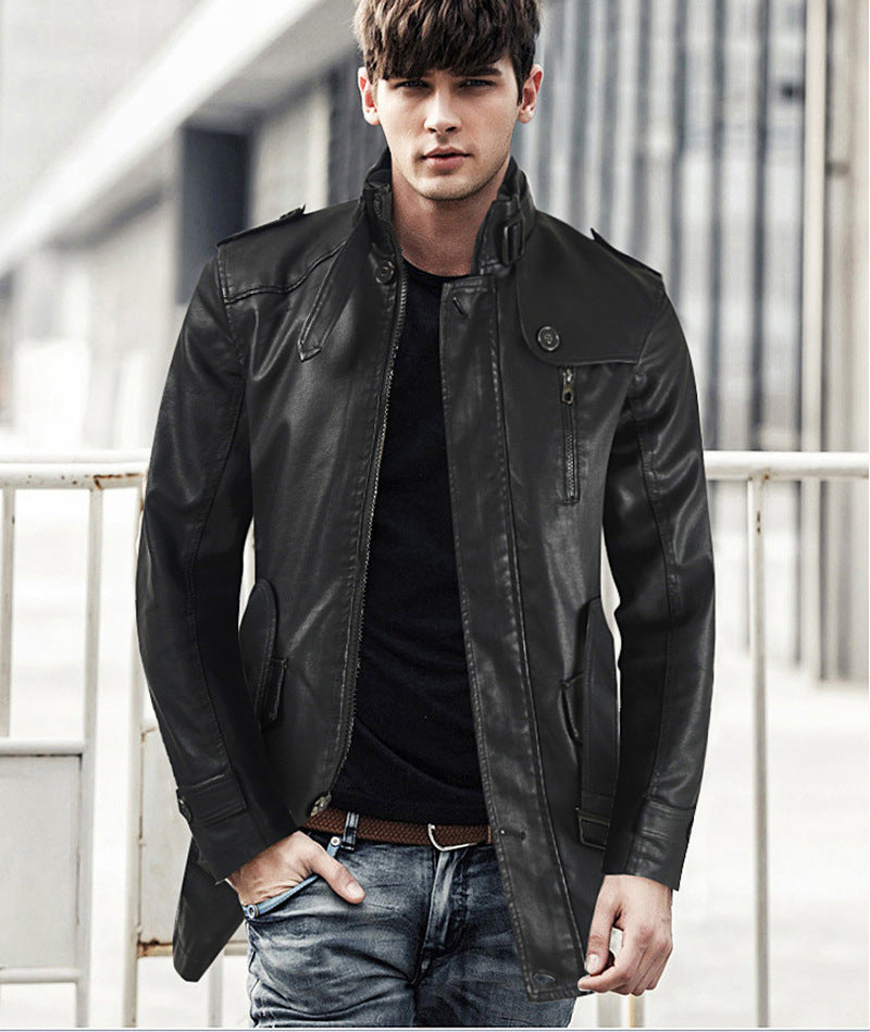 Men's Stand-up Collar And Velvet Mid-length Leather Jacket