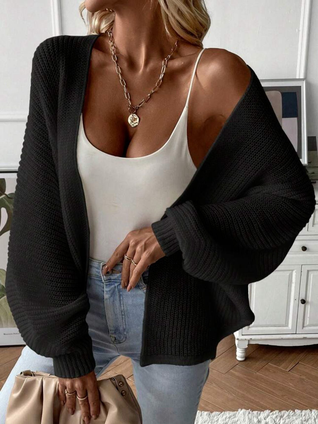 Batwing Sleeve Cardigan Solid Color Cardigan