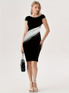 Elegant Black-and-white Contrast Long-sleeve Slim-fit Midi Dress