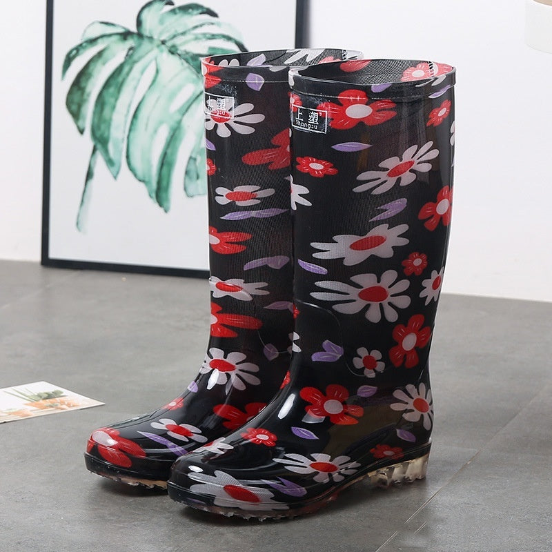 Women's Floral Knee-high Rain Boots Long Non-slip Wear-resistant Rain Boots