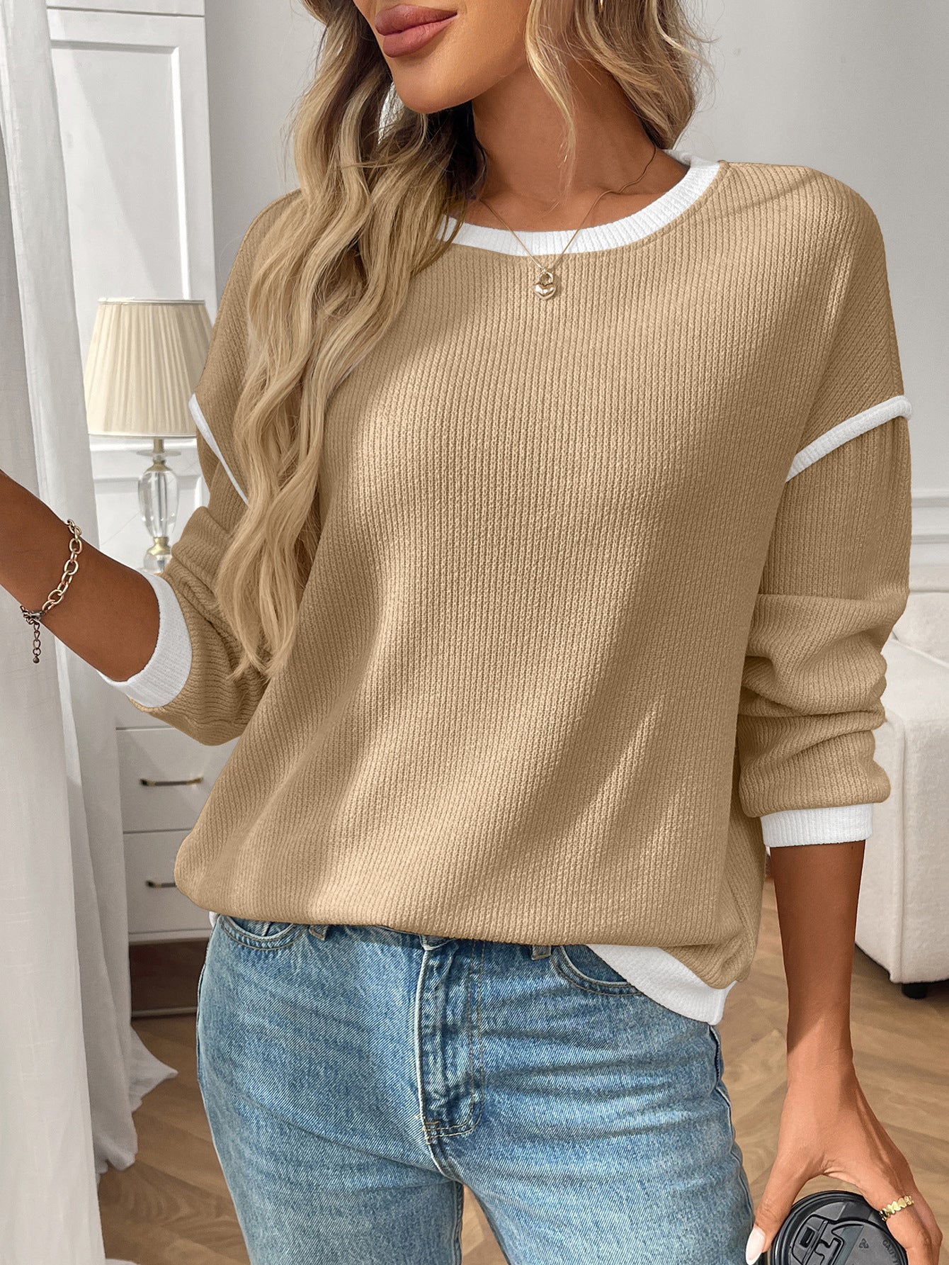 Women's Round Neck Imitation Sweater Long Sleeve Loose Multicolor Top
