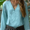 Loose Solid Color V-neck Nine Quarter Sleeved Cotton And Linen T-shirt