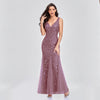 Vestito lungo sexy senza maniche con scollo a V ricamato con paillettes slim a sirena