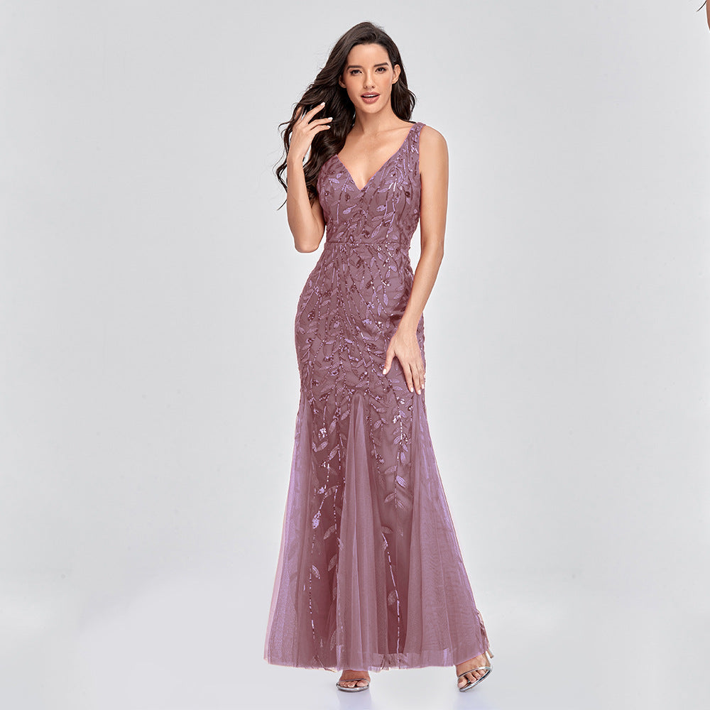 Vestito lungo sexy senza maniche con scollo a V ricamato con paillettes slim a sirena
