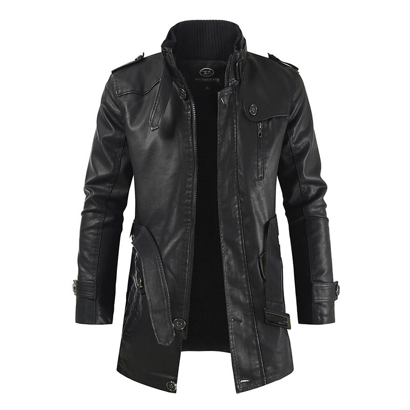 Men's Stand-up Collar And Velvet Mid-length Leather Jacket