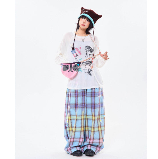 Pantaloni casual dritti a quadri con sfumature di colore retrò