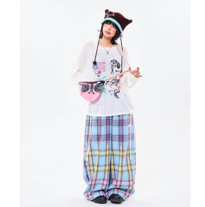 Retro Color Gradient Plaid Straight Casual Pants