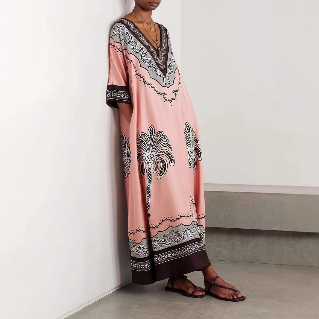 Casual Printed V-Neck Loose Satin Resort Dress