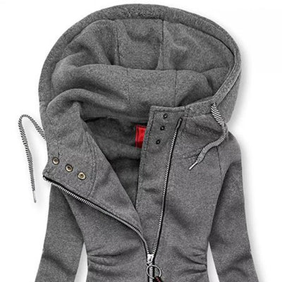 Women's Solid Color Long Sleeve Zip-Front Drawstring Hooded Jacket With Pockets Slim Fit Pleated Detail Top For Spring&Fall