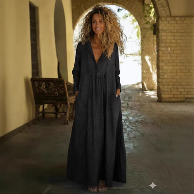 Loose And Comfortable V-neck Denim Maxi Dress With Pockets