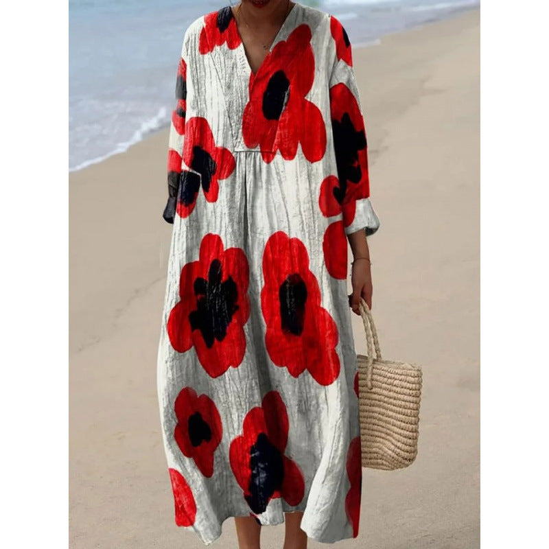 Resort Style Printed Long Sleeve For Women Loose Fitting V Neck Maxi Dress