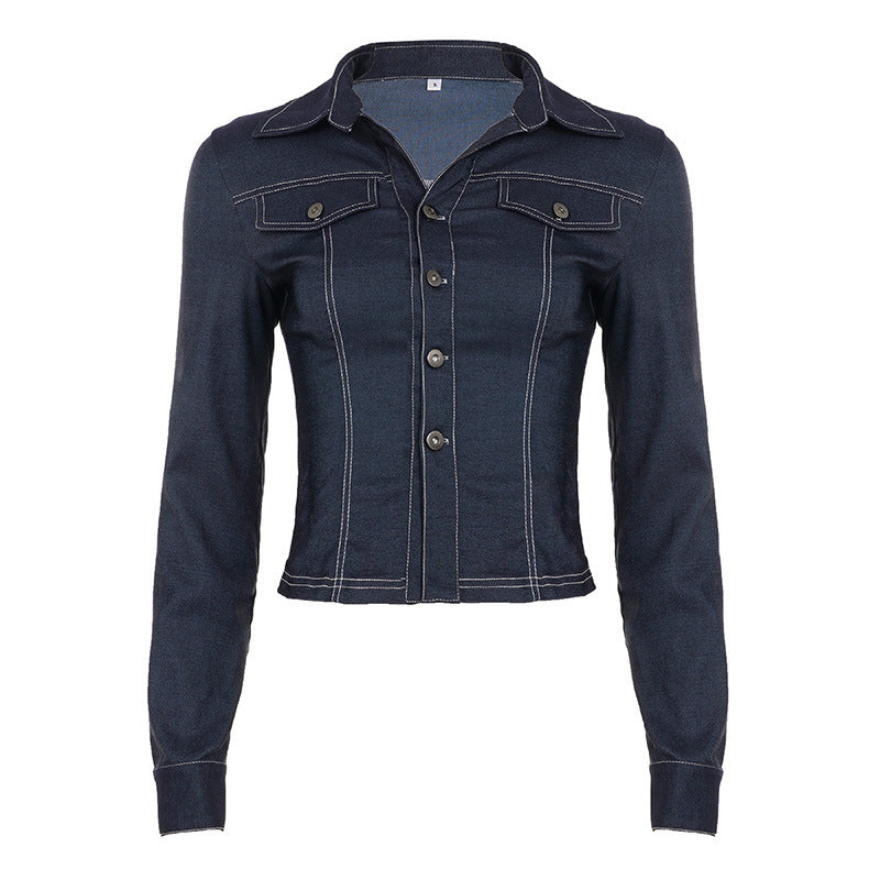 Retro Style Blue Flanging V-neck Shirt Long Sleeve T-shirt