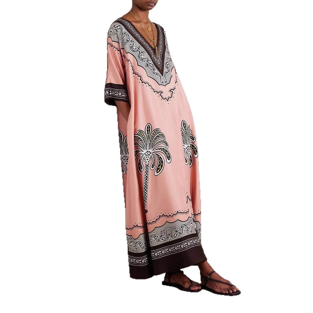 Casual Printed V-Neck Loose Satin Resort Dress