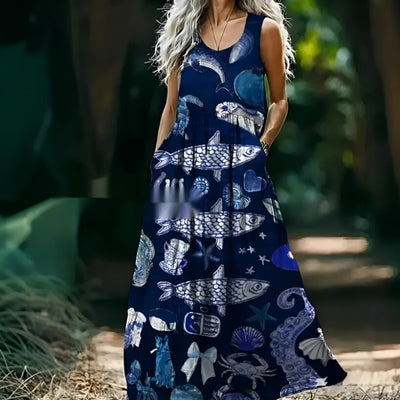 Womens Loose Fit Long Dress With Ocean Floral Print And Large Pockets