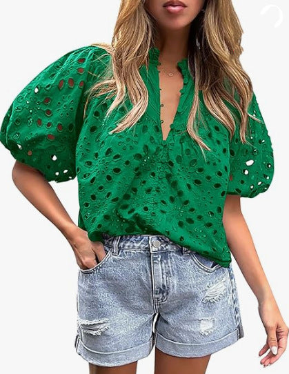 Top da donna casual elegante in pizzo traforato
