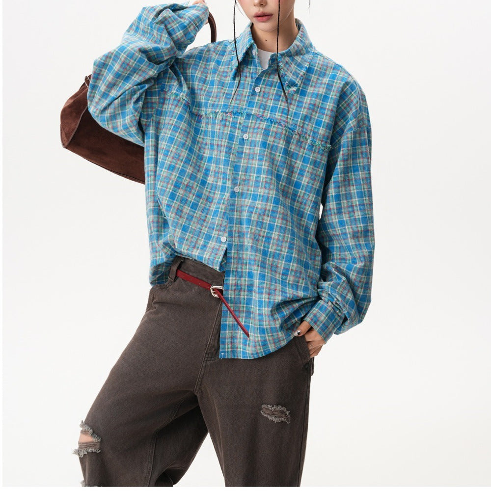 Giacca-camicia a maniche lunghe in fantasia scozzese trendy stile americano