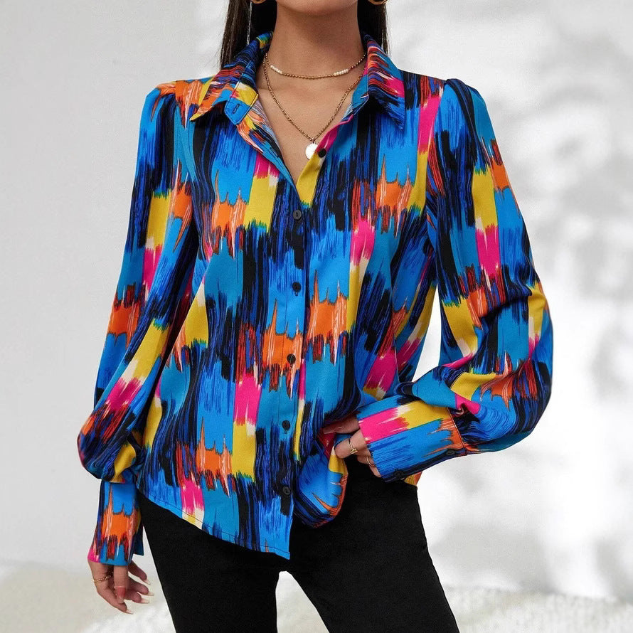 Womens Fashion Printed Lantern Sleeve Colorblock Loose Top
