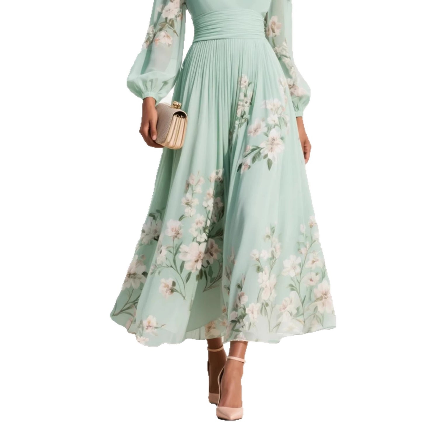 Womens Spring Chiffon Long-Sleeve Pleated Dress