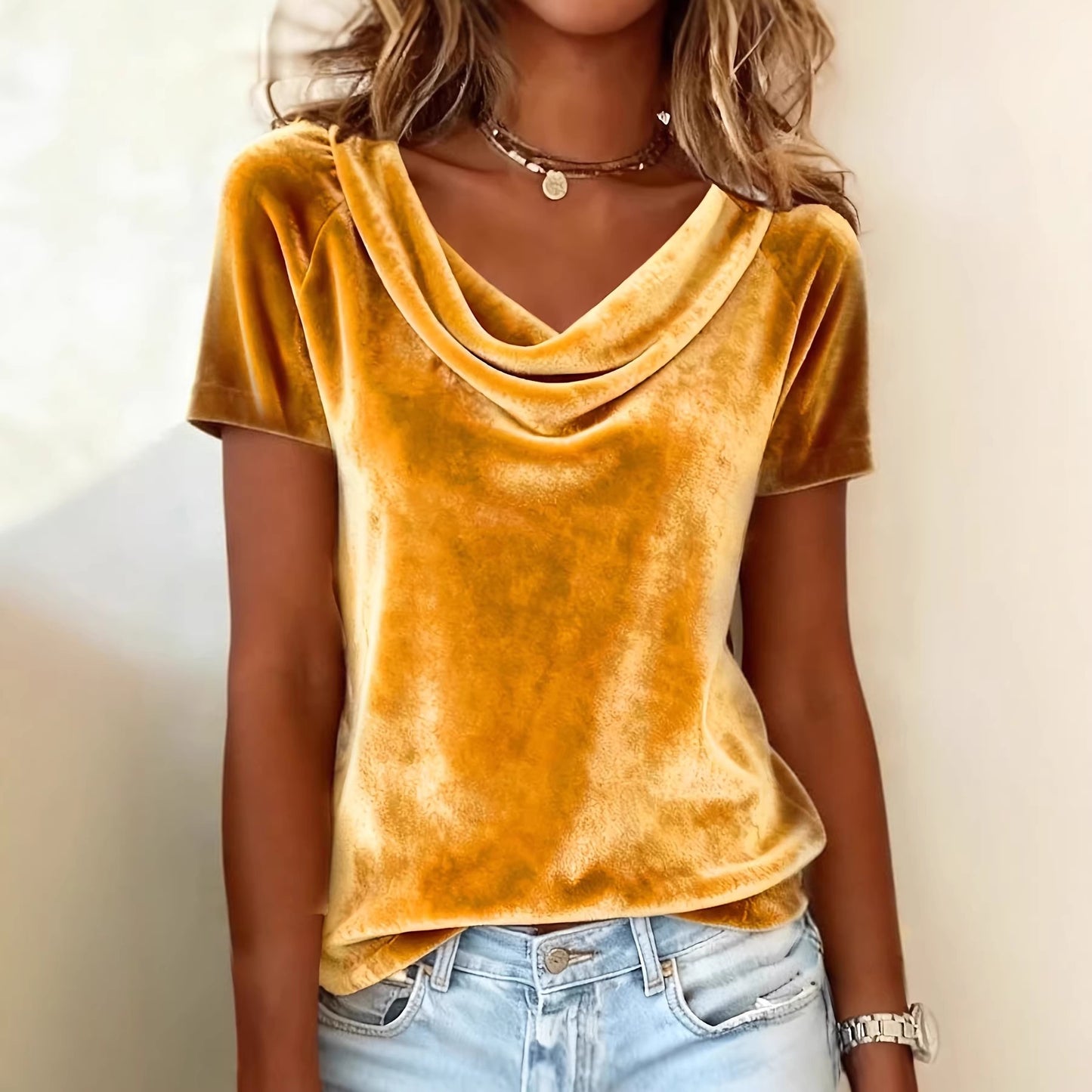 Nuova T-shirt in velluto sexy a maniche corte, girocollo, tinta unita