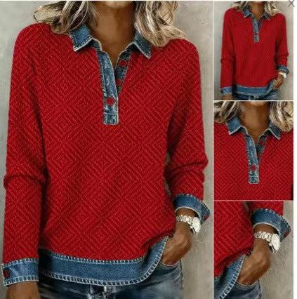 Womens Denim-Style Fake Two-Piece Knitted Jacket