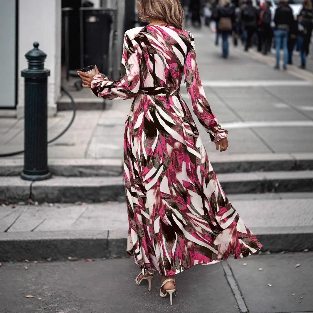 V-neck Printed Waist-controlled Lace-up Bohemian Dress